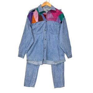 Vintage Denim Set Women L 7/8 Festival Art To Wear Leather Patchwork Vintage 2pc